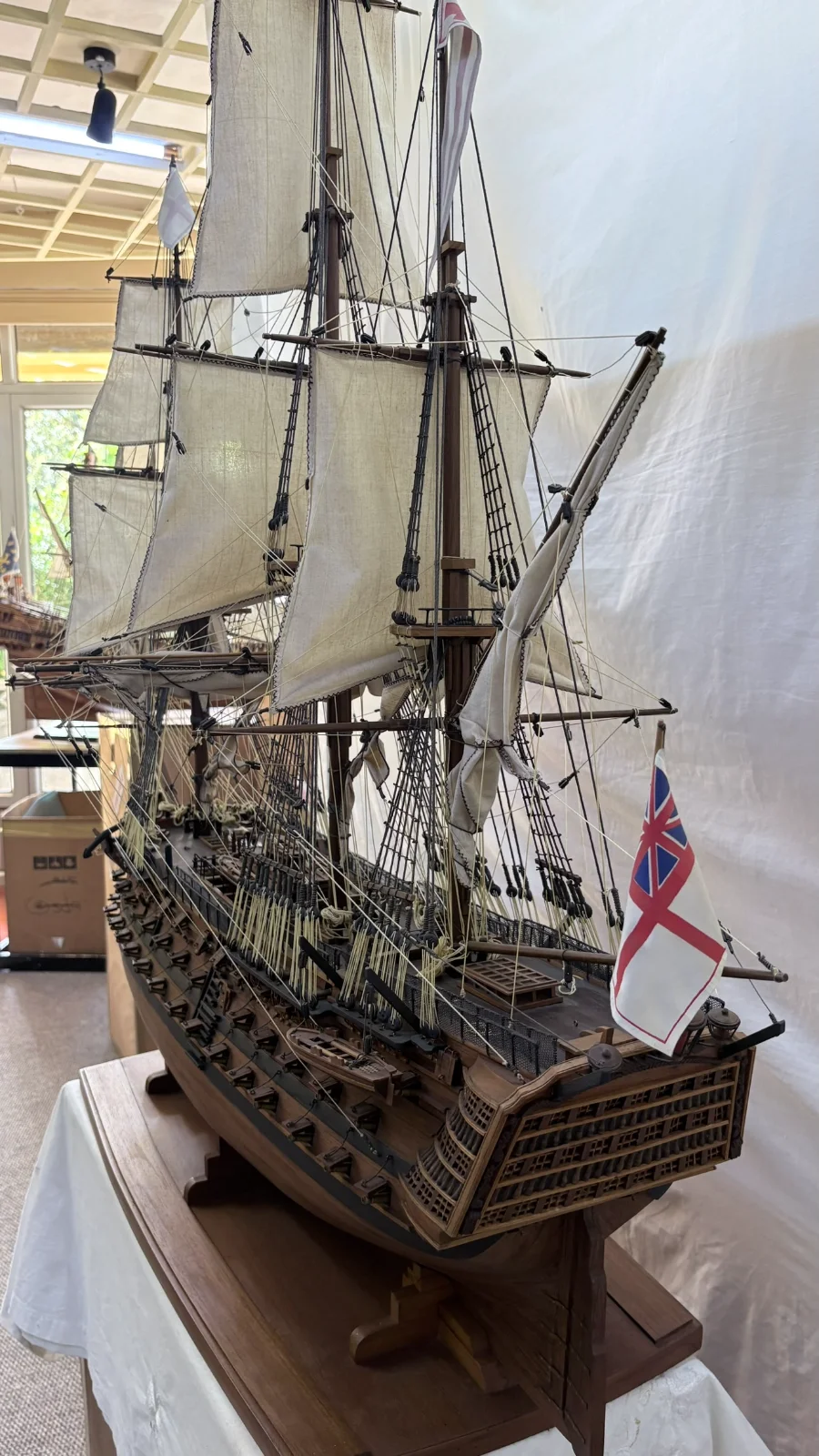 Large handcrafted 1m 50cm rosewood HMS Victory ship model replica with detailed rigging and sails