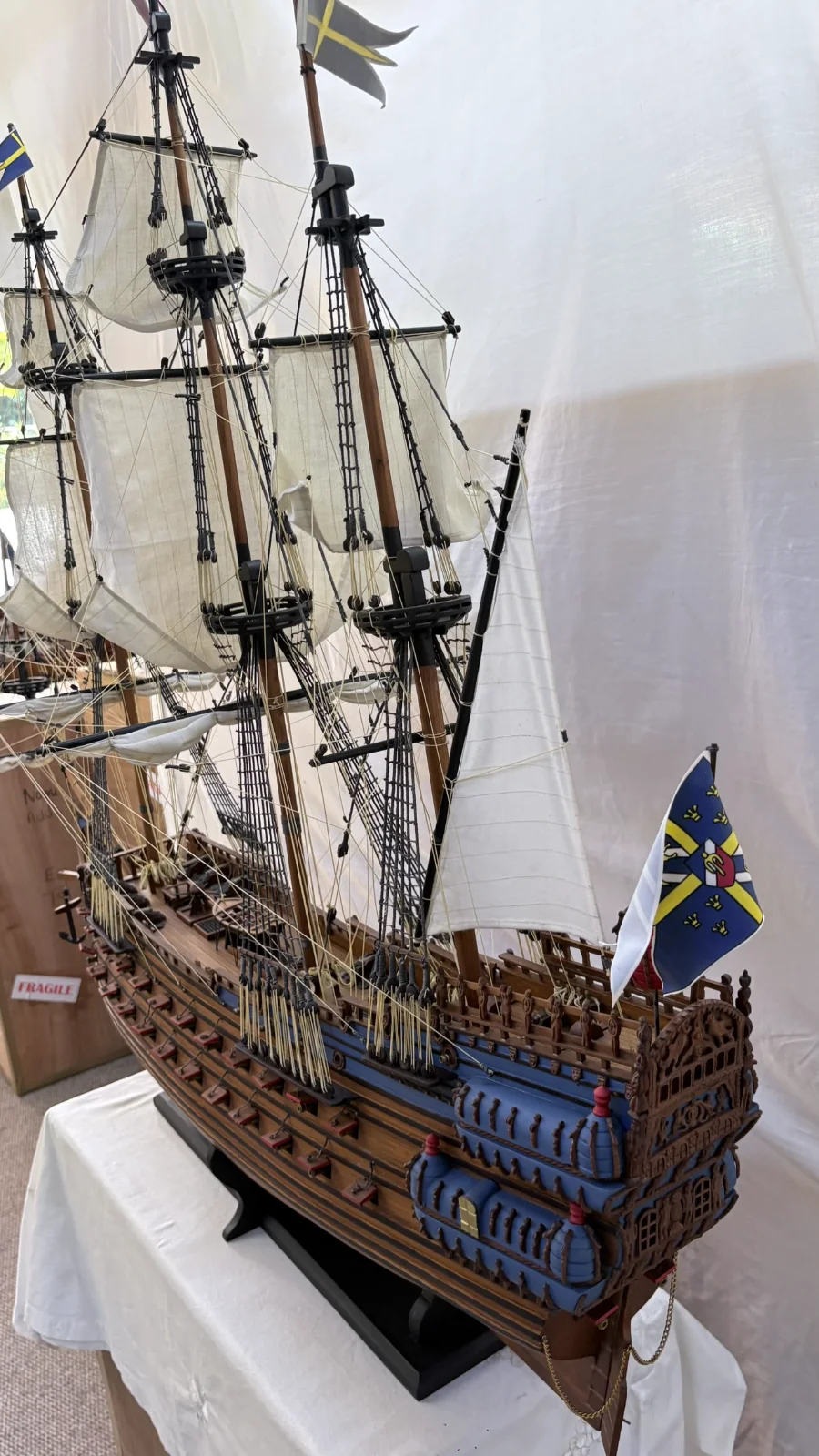 Handcrafted 1m 10cm wooden Vasa ship model replica with detailed rigging and sails