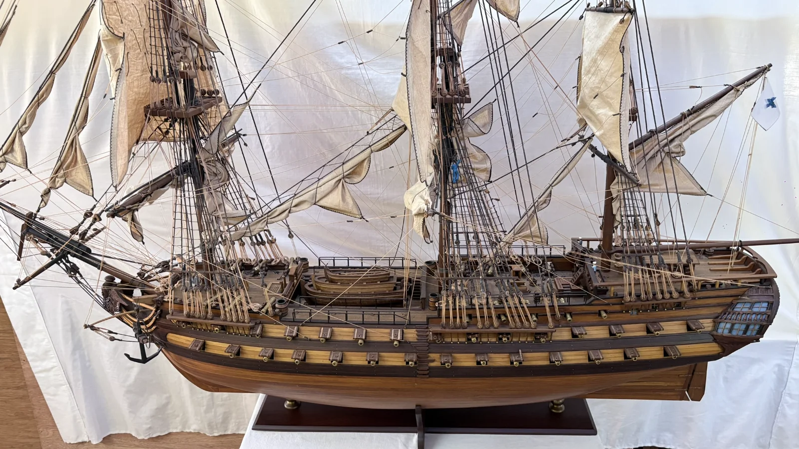 Large handcrafted 1m 70cm wooden Le Superbe warship model replica with detailed rigging and sails