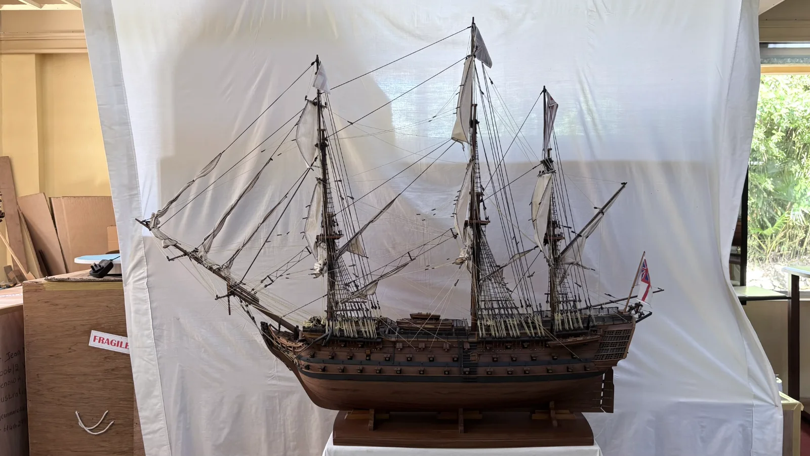 Large handcrafted 1m 50cm rosewood HMS Victory ship model replica with detailed rigging and sails