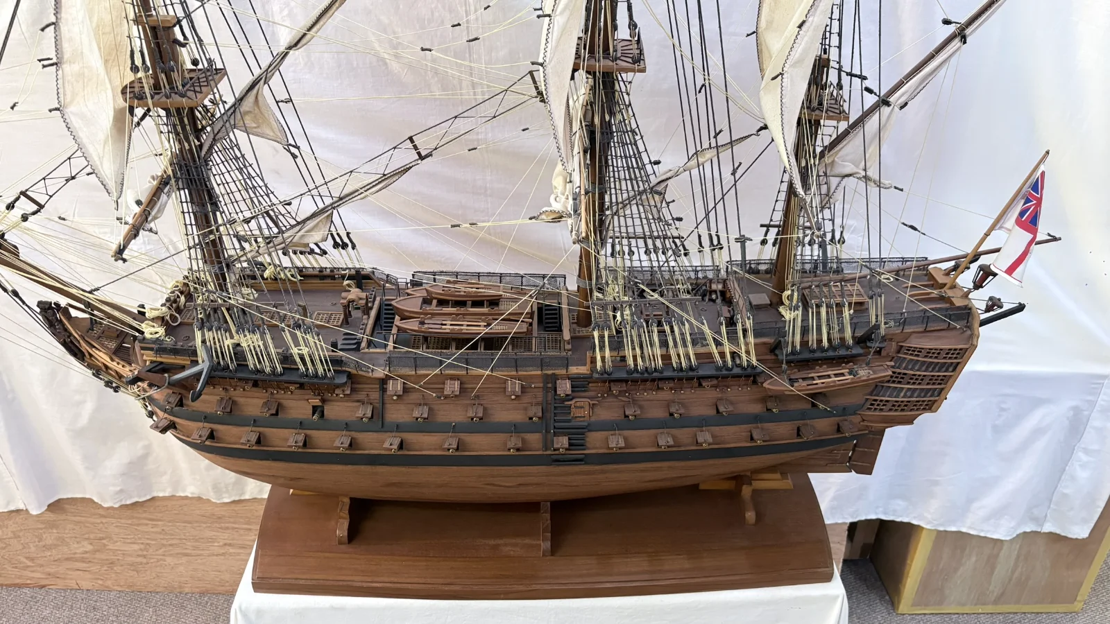 Large handcrafted 1m 50cm rosewood HMS Victory ship model replica with detailed rigging and sails