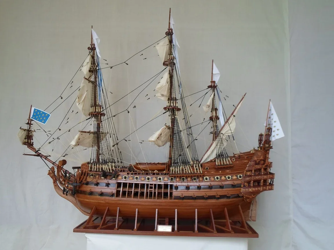 Large handcrafted 1m 60cm wooden Soleil Royal ship model replica with cutaway hull revealing interior decks