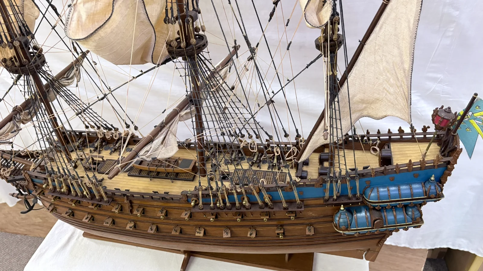 Handcrafted 1m 10cm wooden Vasa ship model replica with detailed rigging and sails
