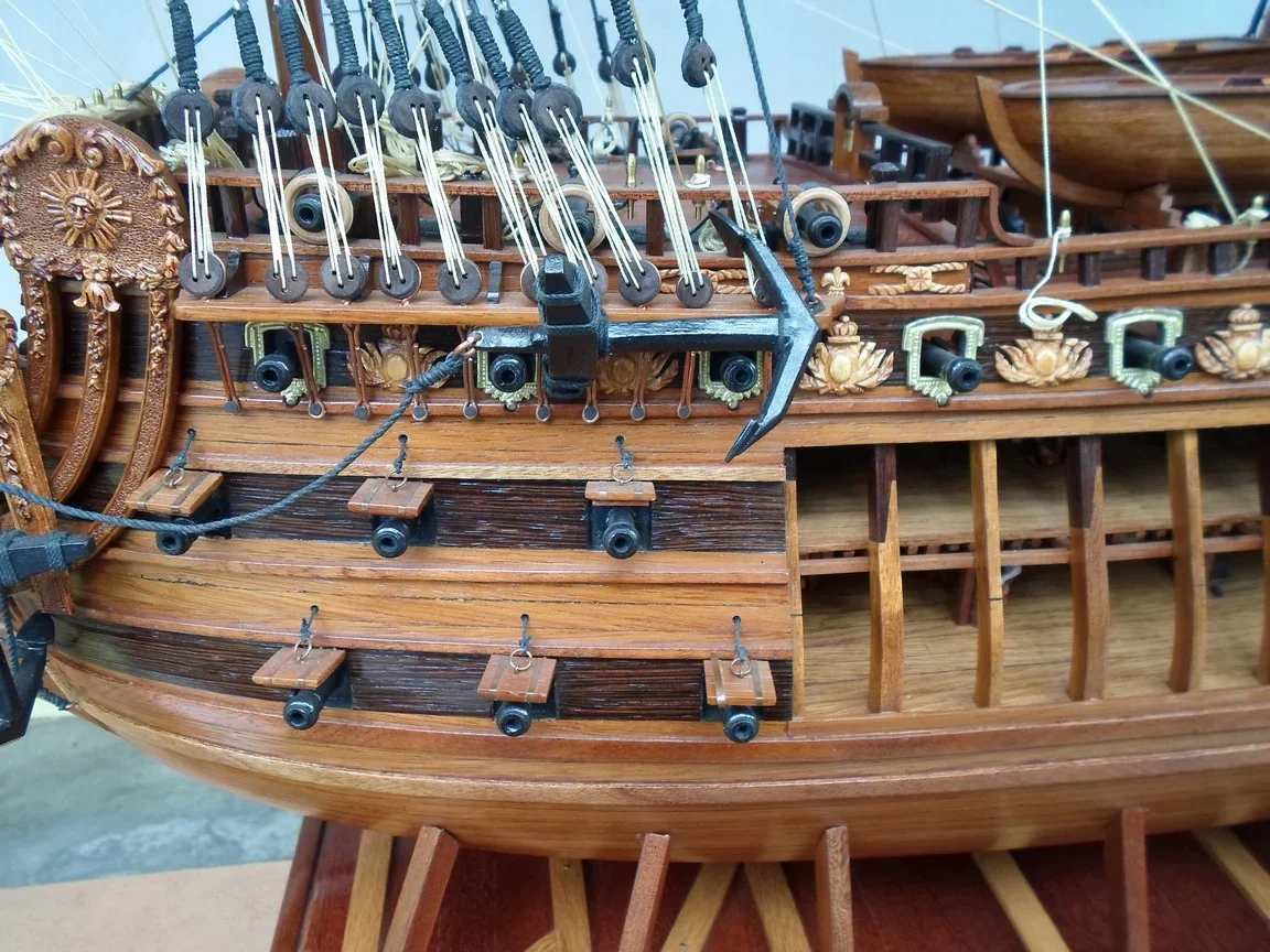 Large handcrafted 1m 60cm wooden Soleil Royal ship model replica with cutaway hull revealing interior decks